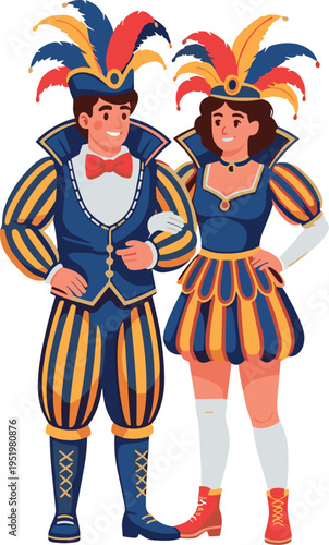 A colorful cartoon illustration of a man and woman in jester costumes on transparent background