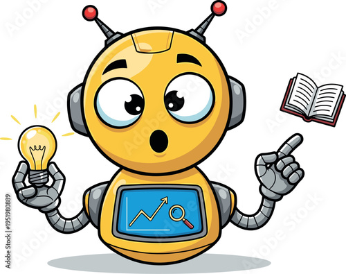 A cartoon robot with a lightbulb and book on transparent background