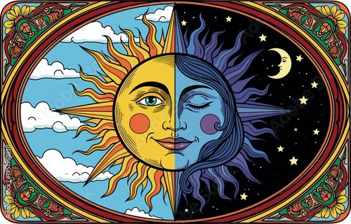 A colorful illustration of a woman's face split between day and night on transparent background