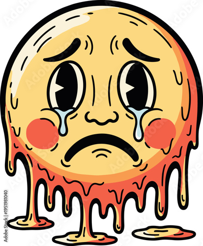 A cartoon emoji with a sad face melting on transparent background