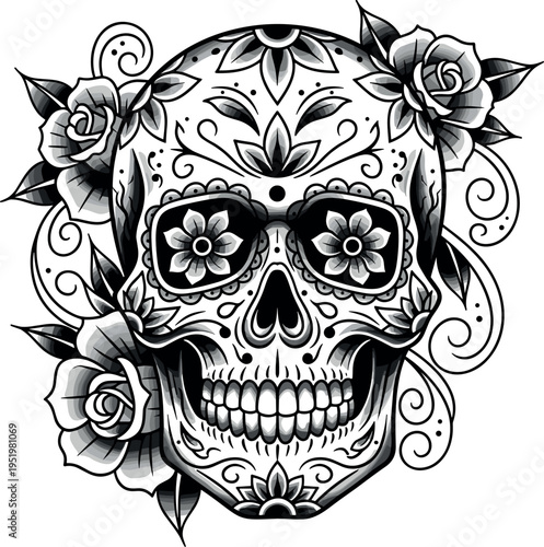 A sugar skull with floral designs on transparent background