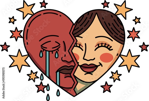 A split heart with a sad face and a happy face on transparent background