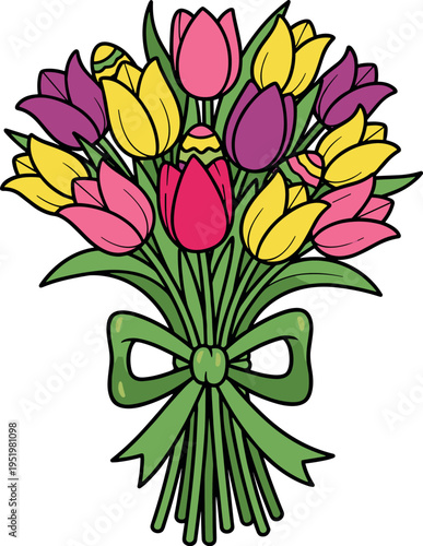 A colorful bouquet of tulips tied with a green bow on transparent background