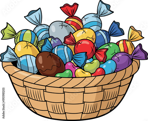 A wicker basket overflowing with colorful wrapped candies on transparent background