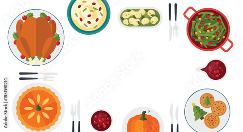 A flat-lay vector illustration showcasing a festive holiday meal arrangement with roasted turkey, various side dishes, pumpkin pie, and Christmas cookies.
