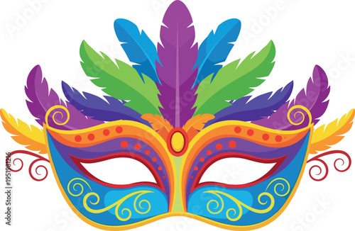 A colorful Mardi Gras mask with feathers on transparent background