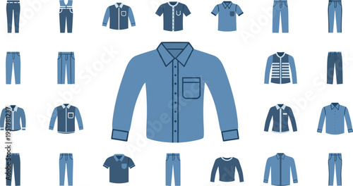 A collection of various blue clothing items on transparent background