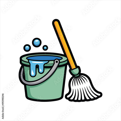 
Cleaning bucket and mop with soap suds illustration