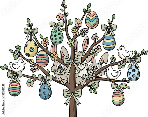 A whimsical Easter tree decorated with colorful eggs and bows on transparent background