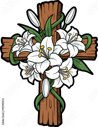 A brown wooden cross adorned with white lilies on transparent background