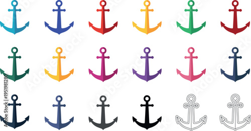 A collection of colorful anchor icons on transparent background