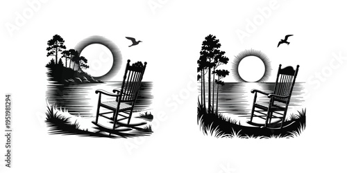 
Peaceful lake landscape with rocking chair silhouette
