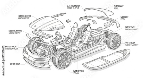 Electric Car Exploded View Diagram Detailed Components.