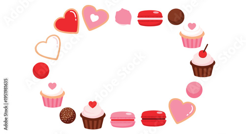 A delightful arrangement of heart-shaped cookies, colorful macarons, and festive cupcakes creates a sweet border on a white background, perfect for a Valentine's Day theme.