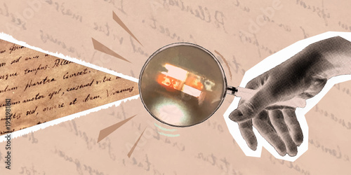 A piece of paper with handwritten text. A hand holding a magnifying glass.