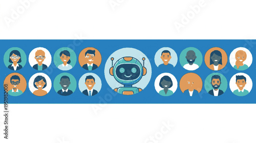 Diverse team collaborating digitally in a hybrid work environment with interconnected profiles on a blue background