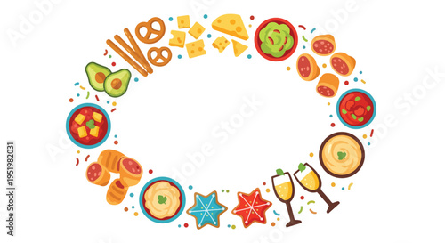 A festive vector illustration showcasing an oval frame made of assorted party appetizers, snacks, and celebratory drinks on a white background.