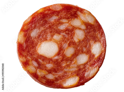 Foto Close-up of a single, perfectly round slice of spicy Spanish chorizo sausage, ri