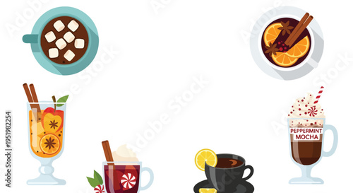 Six colorful flat vector illustrations depicting various hot winter beverages such as hot chocolate, mulled wine, peppermint mocha, and tea.