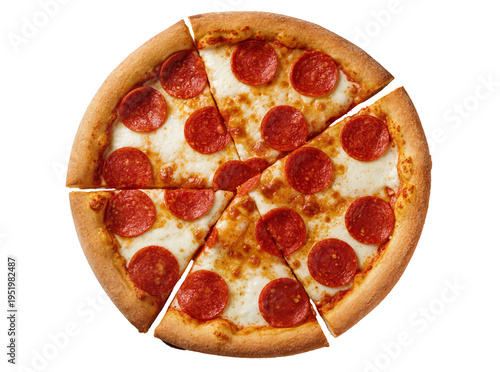 Foto Delicious whole pepperoni pizza, freshly baked and sliced, with melted cheese an