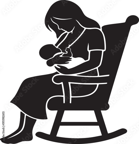 Black silhouette of a mother sitting in a rocking chair, tenderly breastfeeding her newborn baby.