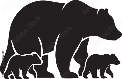 A black silhouette of a mother bear standing with her two small bear cubs, depicting a family of bears in a simple graphic style.