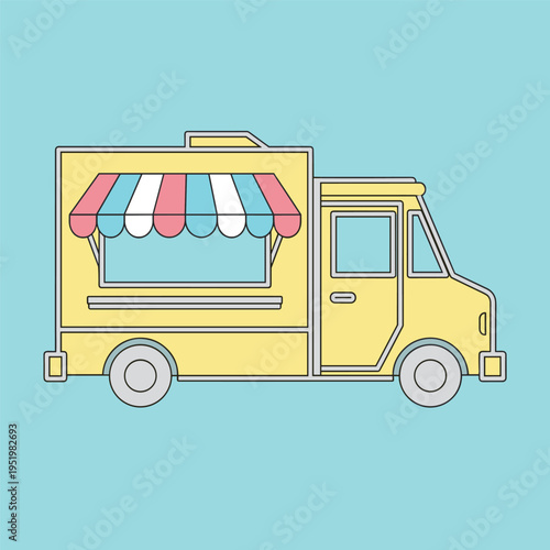 Yellow food truck with awning.