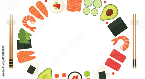 A vibrant circular frame of various sushi and Japanese food items like salmon, shrimp, avocado, and onigiri, surrounds a white space, with chopsticks.