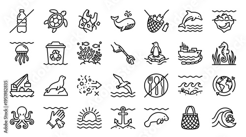Ocean Pollution and Marine Life Conservation Icons Set