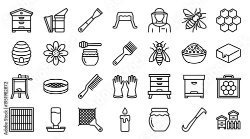 Beekeeping and Honey Production Line Icon Set