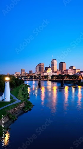 City skyline at dusk with river.