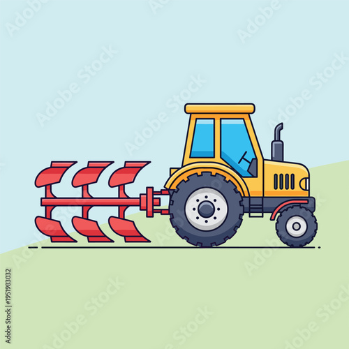 Tractor with plow equipment attached side.