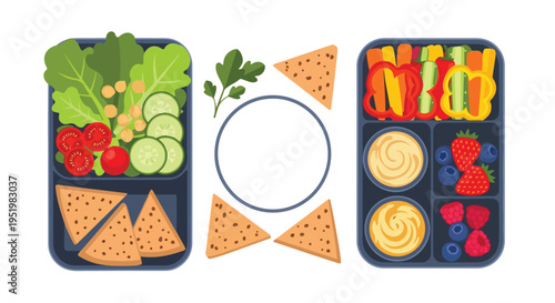This colorful vector illustration showcases two bento boxes brimming with healthy snacks: fresh vegetables, fruits, dips, and tortilla chips, complemented by additional chips and herbs.
