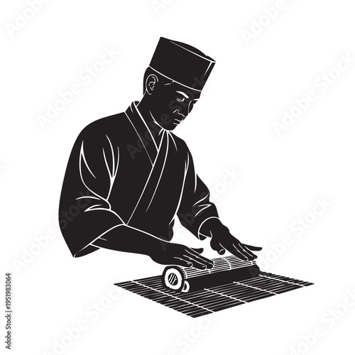 Expert Japanese Sushi Chef Rolling Maki Sushi with Bamboo Mat Silhouette Vector Illustration Black and White Design Asian Culinary Skill