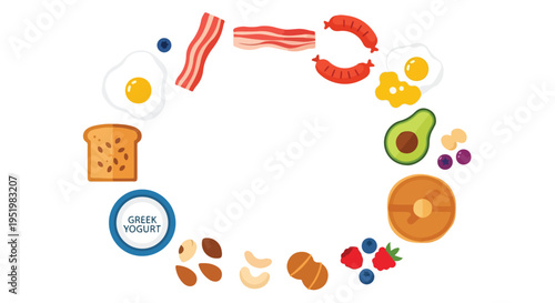 A vector illustration showcasing a variety of breakfast food items, including eggs, bacon, nuts, fruits, and yogurt, arranged in a circular pattern.