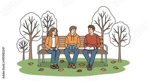 Colorful illustration of three friends sitting on park bench in autumn