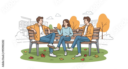 hand drawn illustration of three friends sitting on benches in autumn park