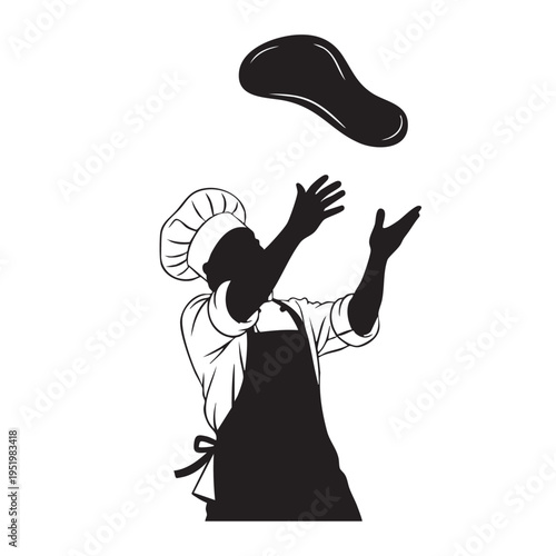 Pizza Chef Tossing Dough Silhouette Icon - Dynamic Baker Preparing Pizza Base with Skillful Hands - Culinary Performance Vector Illustration for Pizzeria Advertising
