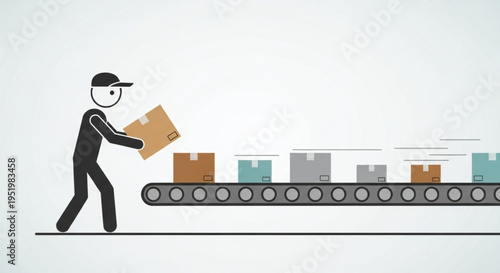 Factory worker places box on conveyor belt for shipping and logistics.