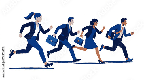 Business professionals in formal suits and ties rushing forward with briefcases in a dynamic flat vector style