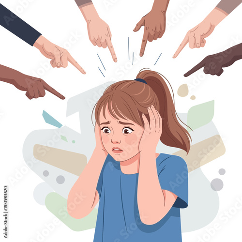 A young girl feeling stressed and anxious with multiple hands pointing at her.