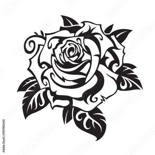 black illustration of rose flower isolated on white background