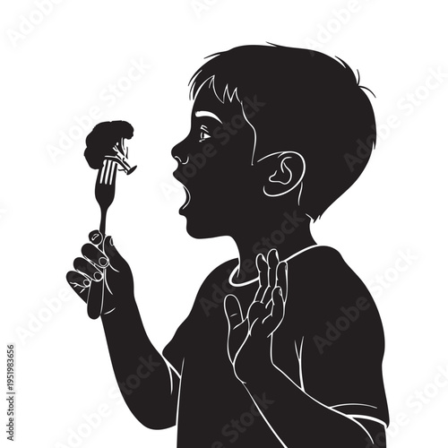 Child Refusing Broccoli Silhouette Icon - Kid Expressing Dislike for Vegetables - Picky Eater Concept Vector Illustration for Healthy Eating Campaigns