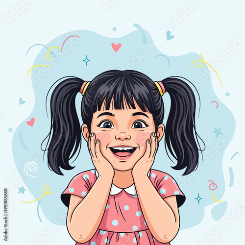 A cheerful young girl with pigtails smiling.
