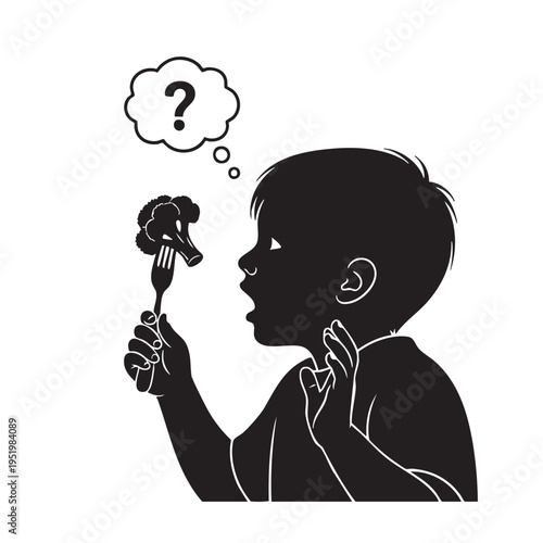 Confused Young Boy Looking at Broccoli on Fork with Question Mark Thought Bubble Silhouette