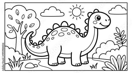 Cute smiling dinosaur coloring page illustration for kids, featuring a friendly creature in a vibrant prehistoric landscape, ready for creative fun