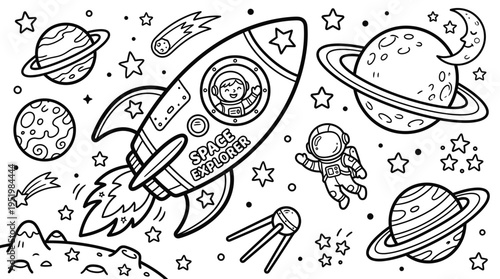 Space Exploration Coloring Page with Rocket, Astronauts, Planets and Stars