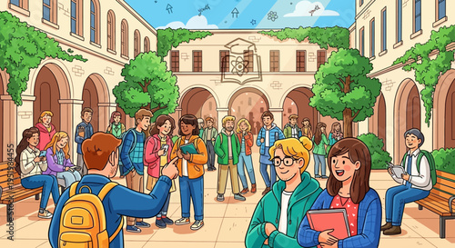 colorful cartoon illustration of students in university courtyard with buildings and 