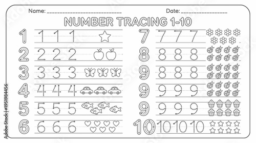 Number Tracing Worksheet for Kids 1-10 Fun Learning Activity