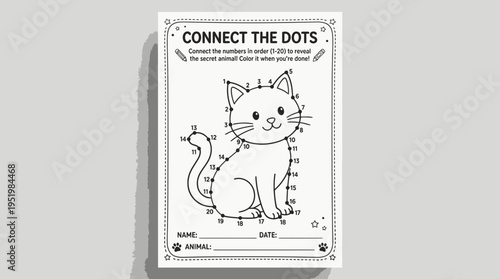 Fun and educational number connection challenge worksheet for young learners with a charming cat graphic